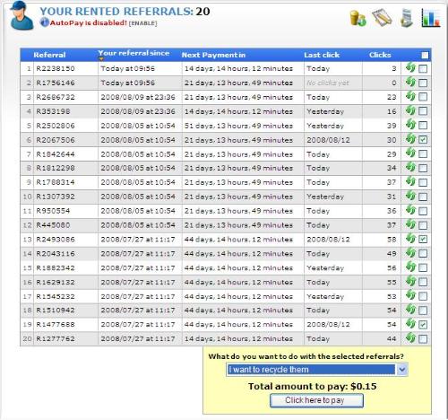 NeoBux Rented Referrals - This is a screenshot of my rented refs with various features being tested for their benefits. If interested in this site, please visit: http://www.neobux.com/?r=paidreader