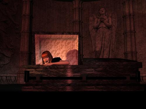 Vampire - A 3d vampire peering out of her bed.