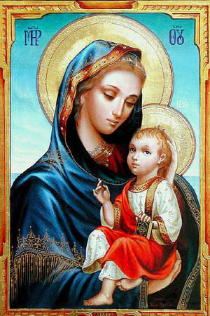 Virgin Mary - Picture showing a painting of Virgin Mary carrying a child by her hands with deep affectionate eyes.