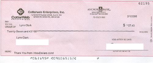InBoxDollars payout #2 - This is a scanned copy of the check sent to me by InBoxDollars. They also have a sister site, SendEarnings, and you'll see CotterWeb Enterprises in the top corner when they send you a check.