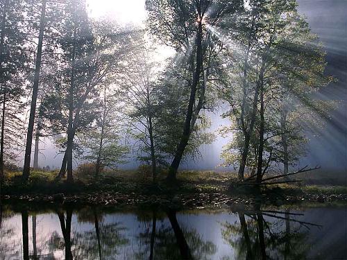 Nature -  The photo is a wonderful picture of the beautiful sunrays falling on the lake .