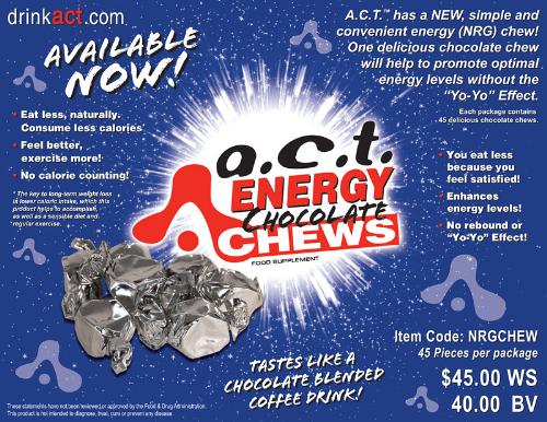 now have all the energy you need without the sugar -  Our chocolate chews will give you the energy you need with out the calories and sugars taste like a chocolate blended coffee can not say you do not like it if you have not tryed it
