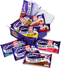 Types of chocolate - 8 different types of dairy milk chocolate 

included are:

crunchie, whole nut, fruit and nut, plain, mint chips, caramel, turkish delight and double choc.


