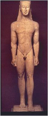 Kouros - Kouros is Greek for 'youth'. This Greek sculpture shows rigidity and formality of Egyptian figures but is more energetic. These types are grave monuments in Ancient Greece. Kouros figures appear stiff but they illustrate the Greek interest in realism and accurate observation. Period: Archaic Period 600-490BC