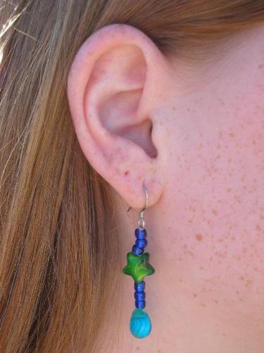 Beaded Earring - I'm just starting out with beading. These are sterling silver fishhooks with glass beads (large) and plastic beads (small).  Please let me know what you think of them as I plan to start selling some of my designs on eBay soon and I'd love some feedback.