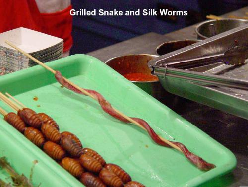 Olympics 2008 food-Grilled snake and silk worms - Olympics 2008 Beijing food-Grilled snake and silk worms