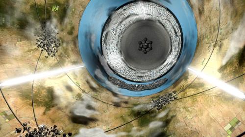 A 3D artist's impression of the interior of Rama - Rama contains a strip-like body of water, the Cylindrical Sea, which girdles the cylindrical interior 'surface' of Rama about halfway between the ends. In the center of the Cylindrical Sea is an island of unknown purpose, which the astronauts name 'New York' due to an imagined similarity to Manhattan. The Sea divides Rama into Northern and Southern Hemicylinders; at each end of the ship are North and South 'Poles'. The North 'Pole' is effectively the bow and the South Pole the stern, as Rama is traveling in the direction of the North Pole and its drive system is at the South Pole. The North Pole contains Rama's airlocks, and is where the Endeavour lands; the South Pole contains Rama's drive systems.  Other collections of 'buildings' are found on the 'surface' of the Northern 'Hemisphere', arbitrarily named Rome, Peking, Paris, Moscow, London, and Tokyo.