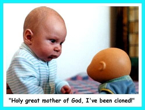 hey mom, somebody cloned me! - This is one funny pic I really have fun looking at. I was so amused at how the 'real' baby looks at the doll with features the same as his. I wonder what's on his mind? What d'ya think?