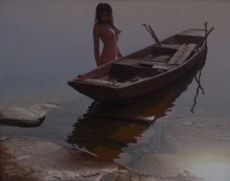 girl and boat 1 - young girl with her fishing boat.this is an oil painting