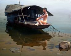fishing girl 4 - girl and her fishing boat. this is an oil painting