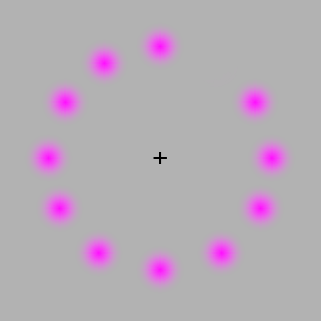 Illusion - This is an Illusion. Watch out the X in the middle very closely. You should start to see a green dot that rotates around the circle - this dot is an illusion: then you should see the purple dots disappear...but they haven&#039;t really gone.