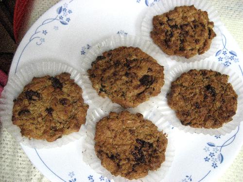 Peanut Butter Oatmeal Cookies - ..with chocolate chips. These are from a Jiffy box mix, but I 'ealthied' it up by adding a handful of fresh ground flax seed for Omega 3 nutrients.