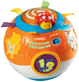vtech Crawl and learn bright lights ball - Develpoment Benefits: 
Language development and Phonics: it introduce to the babies the first word by pressing shapes, animals and more.
Sensory Stimulation: which the insects and animals gives a bright colours and flashing lights.
Motor Skills: by rolling the ball
It helps you baby to discover sounds and melodies that trigger thier imagination. 