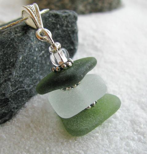 Stacked Sea Glass Necklace - A sea glass stacked pendant/necklace. I'll be doing a similar one, but with a few more pieces, that will resemeble a Christmas tree (atleast we're hoping to be able to make one... keeping our fingers crossed the smaller pieces of glass can take the drilling)