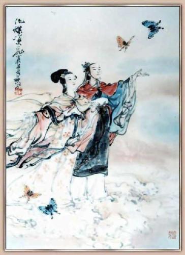 Chinese Romeo & Juliet - Legend of China's Romeo & Juliet Long long ago there was a landlord surnamed Zhu. He had a daughter named Zhu Yingtai who was very beautiful and smart and liked learning very much. However the girl was not permitted to go to school during the old time. So she had to stay at home and looked at the students coming and going on the street through the window everyday. She envied them very much and thought: Why the girl has to stay at home and do the embroidering? Why I can't go to school? Suddenly she went back to the room and told her parents with courage: ' Dad, Mum, I want to go to Hangzhou to have classes. I can wear man's garments and act like a man and I will not be recognized. I promise. Please let me go, please!' The old couple didn't agree at first but had to do so later because Yingtai implored continually. The next morninig, Yingtai and her maid all in man's suits set out to Hangzhou happily after bidding a farewell to her parents. At school she met a classmate named Liang Shanbo who was excellent and knowledgeable. They were like old friends just the moment they saw each other for the first sight. The two talked and discussed together a lot from then on. Later, they decided to be sworn brothers and became more intimate than before. Spring went autumn came. Three years had gone. It was time to say goodbye to her teacher and return home. Zhu Yingtai felt she loved Liang Shanbo very much after three year's studying together. Liang Shanbo also hated to see her going home although he didn't know that she was a girl actually. They missed each other day and night after their parting. Several months' later, Liang Shanbo went to visit Zhu Yingtai and he found Yingtai a girl with surprise and rejoicing. Later, Liang Shanbo sent a woman matchmaker to Zhu's to get the permission of marrying with Yingtai. But the landlord had already accepted the proposal of the young master surnamed Ma, a son of a rich family. Liang Shanbo felt utterly sad and got sick severely. Soon he died.  Yingtai who opposed her father's decision of marrying her with master Ma because strangely silent when she received the message of her brother Liang's passing away. She put the red wedding apparel on and went into the bridle sedan. When the party of escorting the bride passed by the tomb of Liang Shanbo. The wind blew hardly out of expectation. The party had to stop for the time being. Yingtai came out from the sedan and put the red wedding attire off and just was in white. She cried loudly and sadly in front of the tomb. A sudden thunder-storm came and the tomb split with loud noise amazingly. Yingtai who loved Liang deeply jumped into the tomb with smile before others could realize it. Then the tomb closed with a loud noise again. The wind ceased and the cloud scattered. Flowers were dancing in the wind. Two beautiful butterflies flying out of the tomb danced elegantly, freely and happily in the sun.