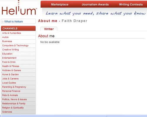 Helium About Me Page - This screen shot is of my own Helium About Me Page - obviously I have not added much information at all and nothing in my &#039;bio&#039;.
