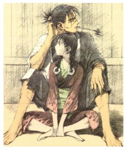 Blade of the Immortal by Hiroaki Samura - An insert (or maybe it was part of the colored art collected at the end of the volumes? I forget the exact details) in Blade of the Immortal by Hiroaki Samura. Features the two main protagonists, Rin, and the namesake of the series, Manji.