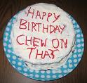 its alot to chew on - Picture of a round birthday cake with white icing and red letters that read 'Happy Birthday: Chew on This'