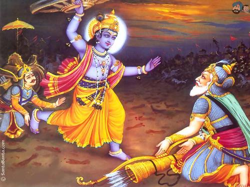 Lord Krishna and beeshma - the picture of lord krishna getting down from his chariot to kill beeshma since arjun was not fighting with his full might because of his love to his relatives.