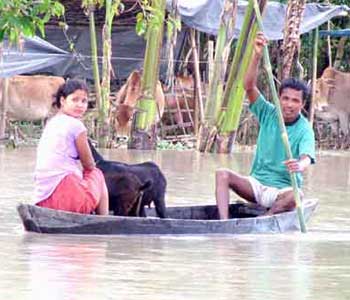 flood - People moving to safer places with their pets after flood waters of Aie river marroned them.