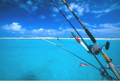 fishing - fishing tools with background of the sea