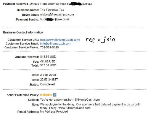 SitHomeCash Paypal Payment Screen - http://www.sithomecash.com/paidto/home.php?ref=join A screenshot of a payment from Sit Home Cash, A Get Paid To.