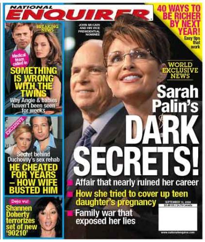 National Enquirer cover story of Gov Palin - This is the cover of a National Enquirer with a major story concerning Gov Palin.