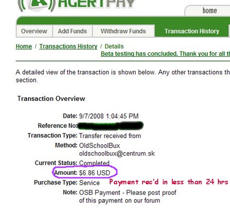 Payment from OldSchoolBux - 
Always nice when a PTC site pays out, and OSB did, on a Sunday even! I requested payment on Saturday evening, got notification of payment on Sunday afternoon.