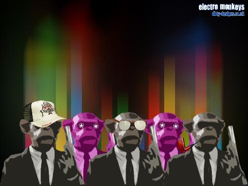 Electro Monkeys - This is a wallpaper I designed on Photoshop CS2 to have as my wallpaper at work. It's a funky electro style wallpaper with monkeys holding guns...as you can see. I hope you like it and any feedback would be nice. Thank you