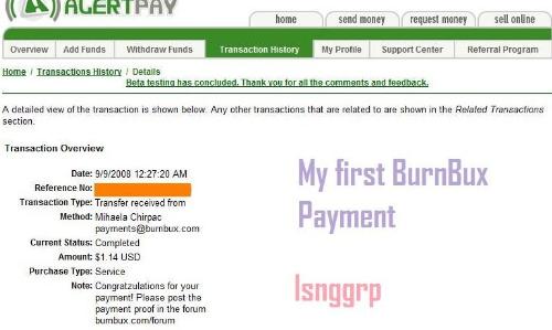 BurnBux payment - Here is my first payment from burnbux. Received within 24 hours of requesting it.