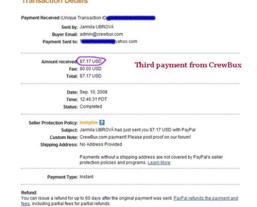 Thid Payment From CrewBux -  Just received my third payment from CrewBux. That will buy me bread and milk at the store tomorrow.