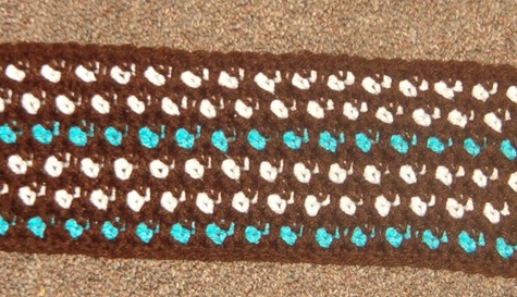Another Crochet Pattern -  I tried this crochet pattern with the chocolate brown/white/turquoise and while I do like the colors, you don't see enough of the white/turquoise to make it 'pop'.  Still looking for that perfect pattern for this color combination.