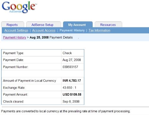 google payment proof - this shows tht i got paid frm google adsense & i took this snap after my check got cleared