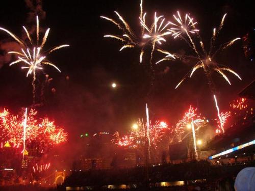 full moon at a baseball game with fireworks  - Look how pretty !