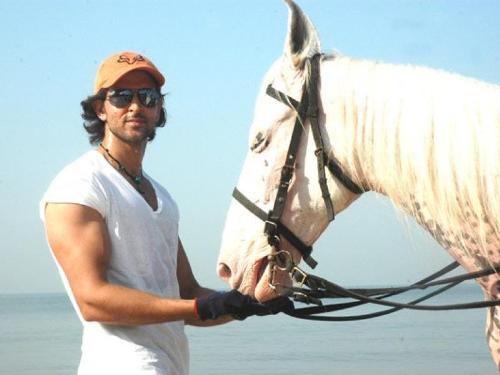 hritik roshan in yellow hat - hritik roshan in yellow hat and with a horse may be thinking of getting on it and have a ride................