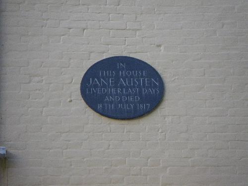 Jane Austen's home - The plaque on the wall of the house where Jane Austen died, in Winchester.