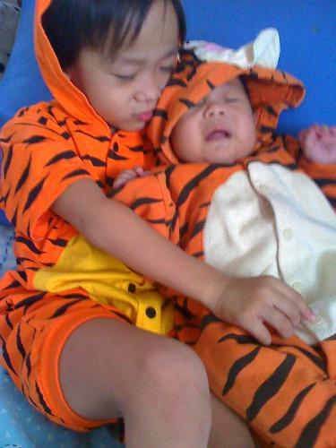 The tigger costume I bought in a very cheap price - My kid on the left was wearing a tigger costume from a bargain place.