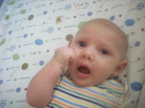Bryan's face when we got home after his 2 month ol - its like he's saying 'oooh! moooooommy! that was not cool! i really didnt like that! I'm still a little scared'