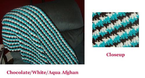 Another Afghan I'm Working On -  The chocolate/aqua/white yarn is being worked up into this.