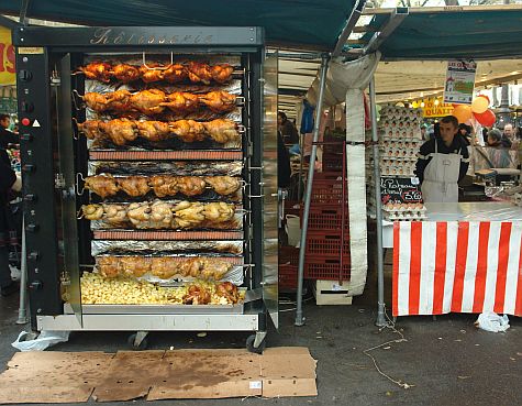 French rotisserie - Chickens cooking in a French market.