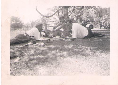 playing cards - My grandfather, father (in the hat) and Uncle Joe playing cards under the birch.