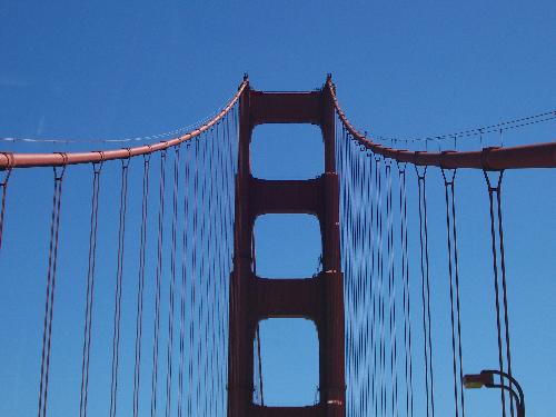 Golden Gate Bridge - I shot this photo of the Golden Gate Bridge in San Francisco California while my husband was driving us across it. I was holding my camera ready and I looked up and just snapped away and got this great shot! The Golden Gate Bridge connects San Francisco to Marin County. People are permitted to walk across the bridge on the city-side only.