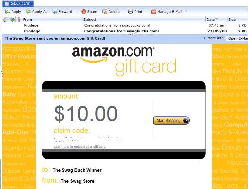 Amazon Electronic Gift Card  - Earned from swagbucks whick is a paid to search site. You win swagbucks by using their search engine.