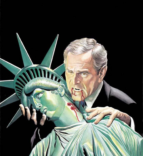 anti-Bush poster - Bush vampire sucking the life out of the Statue of Liberty