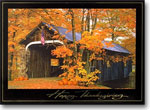 something very satisfying about it - Picture of a beautiful autumn greeting card picturing a tall brown covered bridge amid bright yellow leaves fallen from the trees, american flag in the front