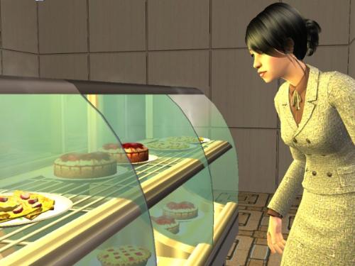 Cakes...cakes...and more cakes.. - I had a cake shop and this particular customer was so into the cakes...she looked and looked and finally got a cake. This was my first shot after I got Open for business Expansion Pack.
