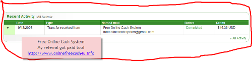 9/13/08 - Free Online Cash System - Payment Proof  - A screenshot of my referral getting paid. It clearly shows that new members can benefit right away from this system.
