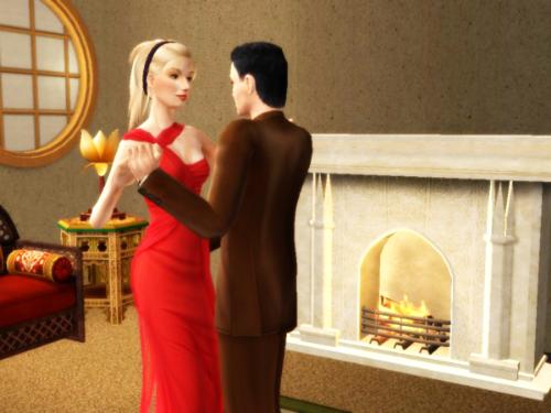 MySims01 - Picture of my sim couple dancing on their honeymoon. She's wearing a dress from Valentino's Spring/Summer 07 Collection. That dress was made for sims by Siluetta at TSR.