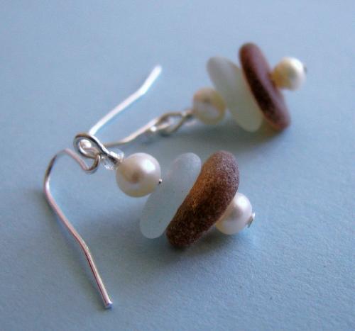 Mint Chocolate Sea Glass earrings - Two beautifully frosted pieces of sea glass adorn each earring. These sterling silver earrings have a seafoam green and a brown piece of beach glass.