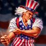 ole uncle sam - Iconic picture of Uncle Sam with big muscles and red white and blue vest and white shirt underneath with his sleeve rolled up and forearm in front of him flexing as if ready for fighting match